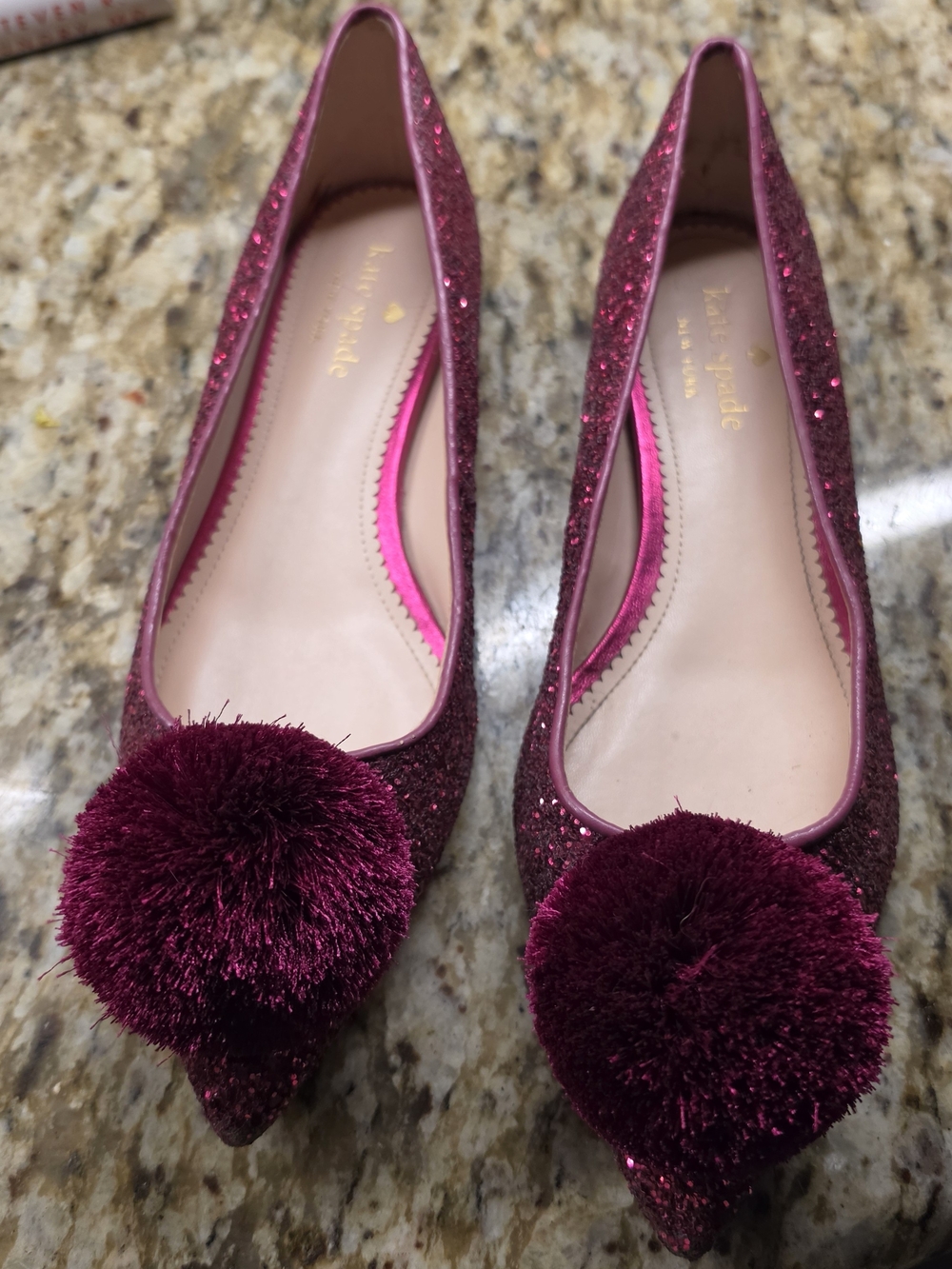 kate spade  Annie POM POM Glitter Burgundy Pointed Flats with Pom-Pom